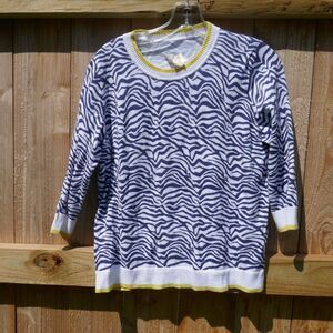 Edinburgh Knitwear Zebra Print Crewneck Pima Cotton Sweater Large Blue White